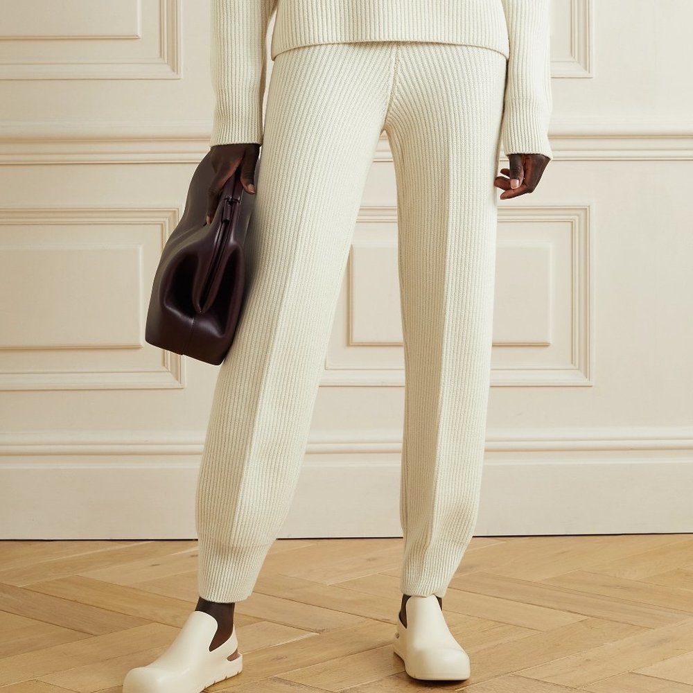 Frankie Shop Cream Ribbed Knit 100% Wool Joggers